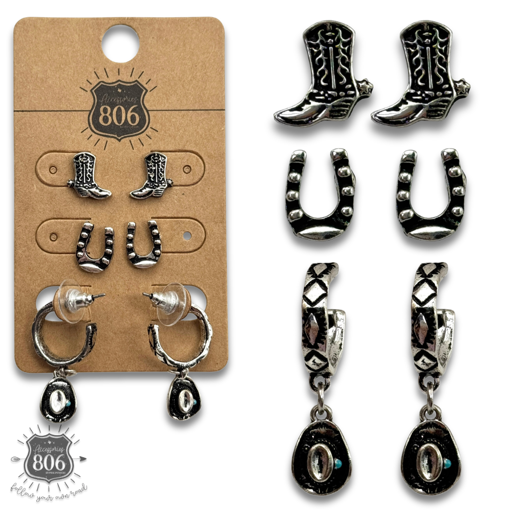 Western Charm Earring Set – Boots, Horseshoes & Cowboy Hats