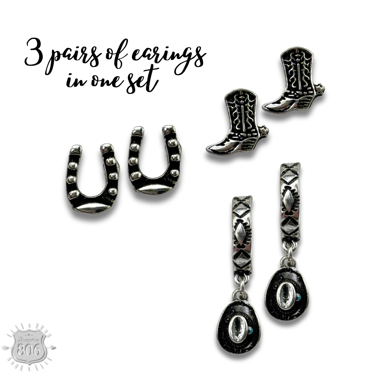 Western Charm Earring Set – Boots, Horseshoes & Cowboy Hats