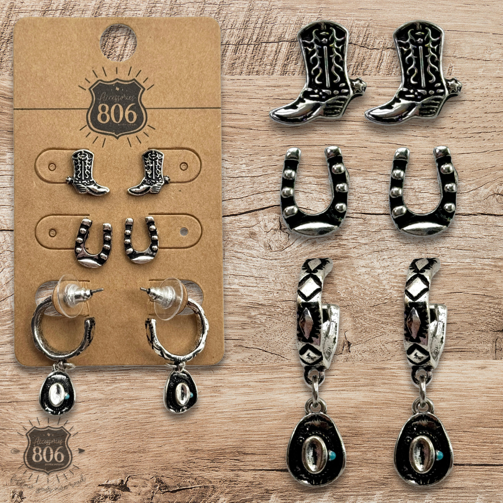 Western Charm Earring Set – Boots, Horseshoes & Cowboy Hats