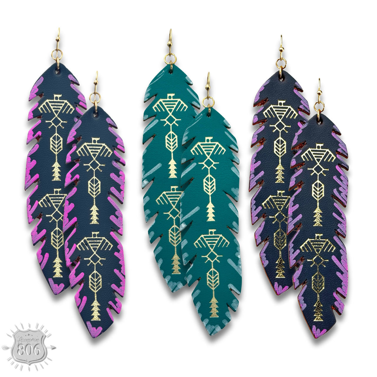 Painted Leather Western Feather Earrings