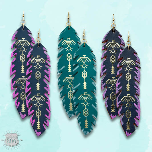 Painted Leather Western Feather Earrings