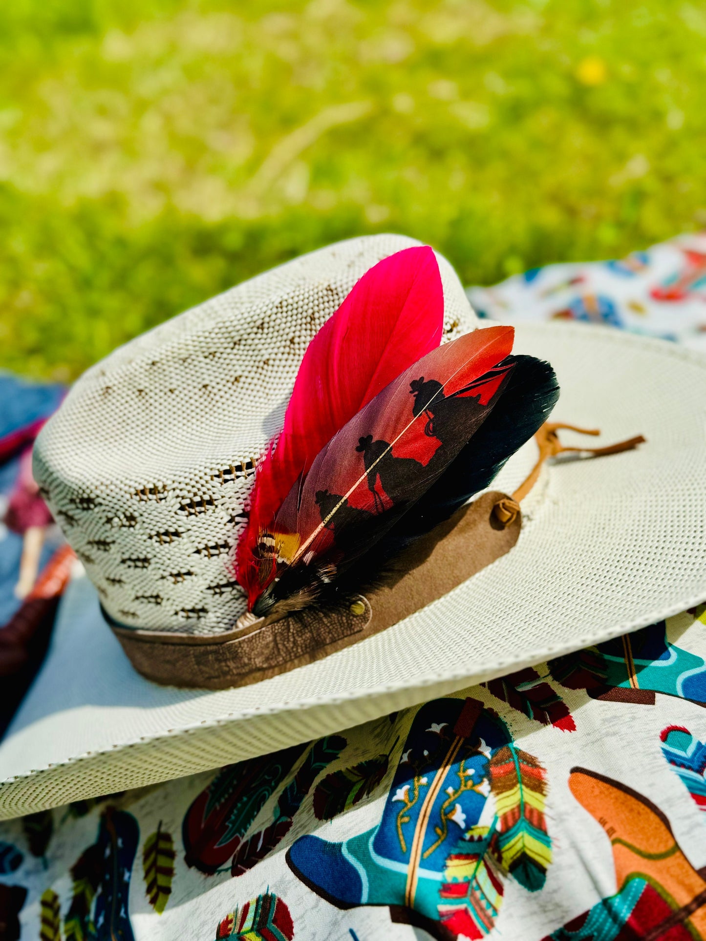 Red and black cowboy hat feather with dramatic Western artwork