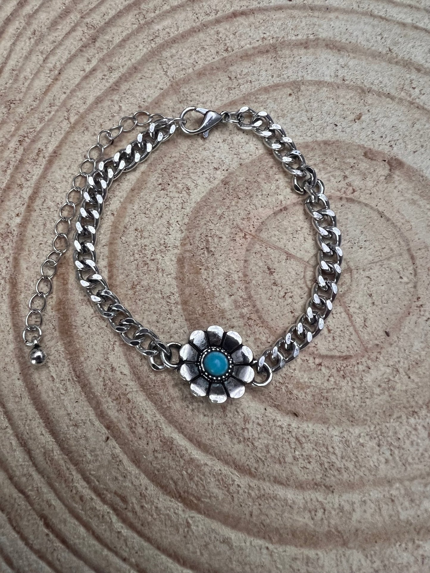 Western Flower & Faux Turquoise Cuban Chain Bracelet — with Extender