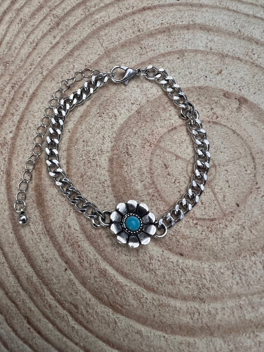 Western Flower & Faux Turquoise Cuban Chain Bracelet — with Extender