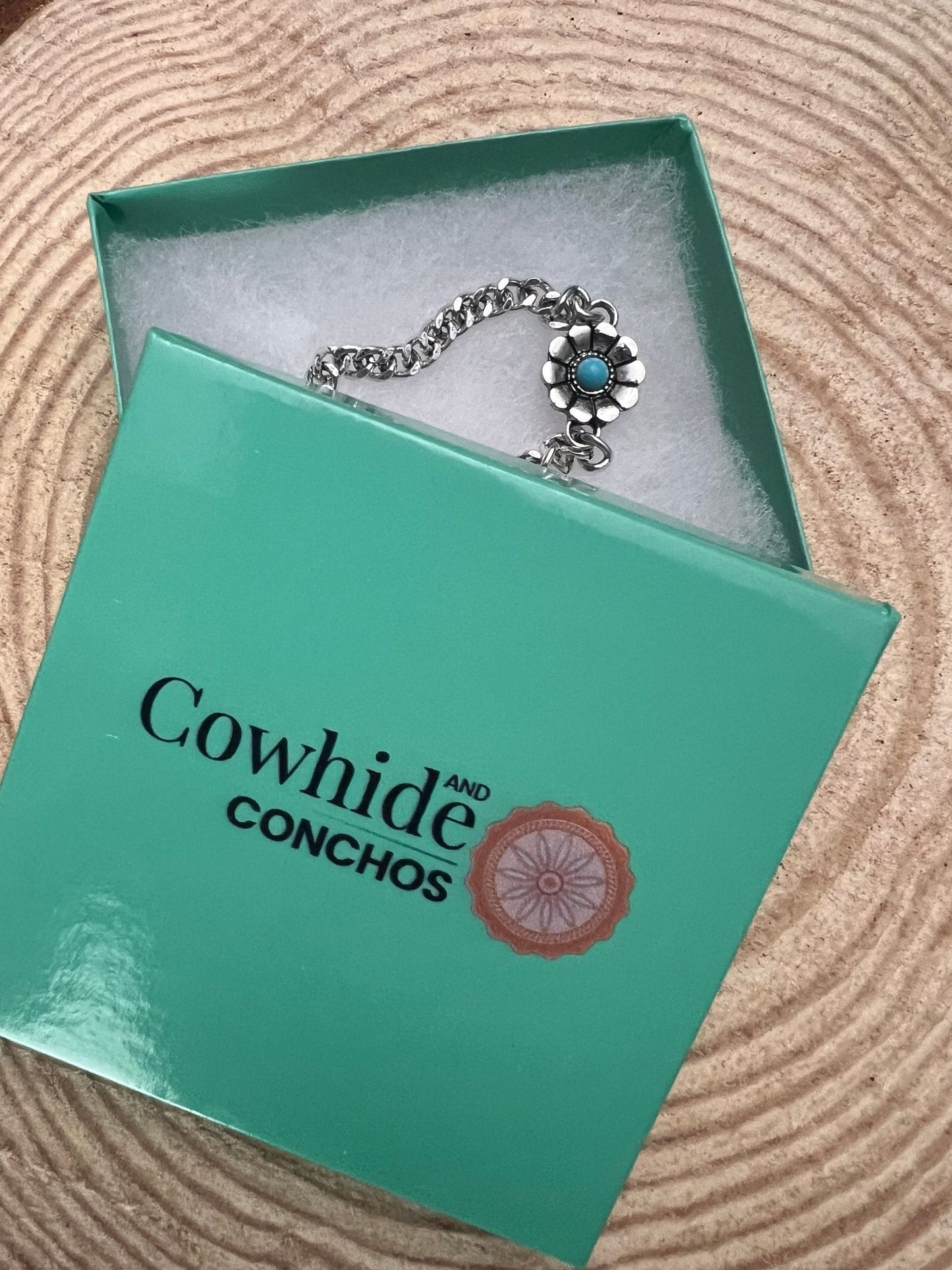 Western Flower & Faux Turquoise Cuban Chain Bracelet — with Extender