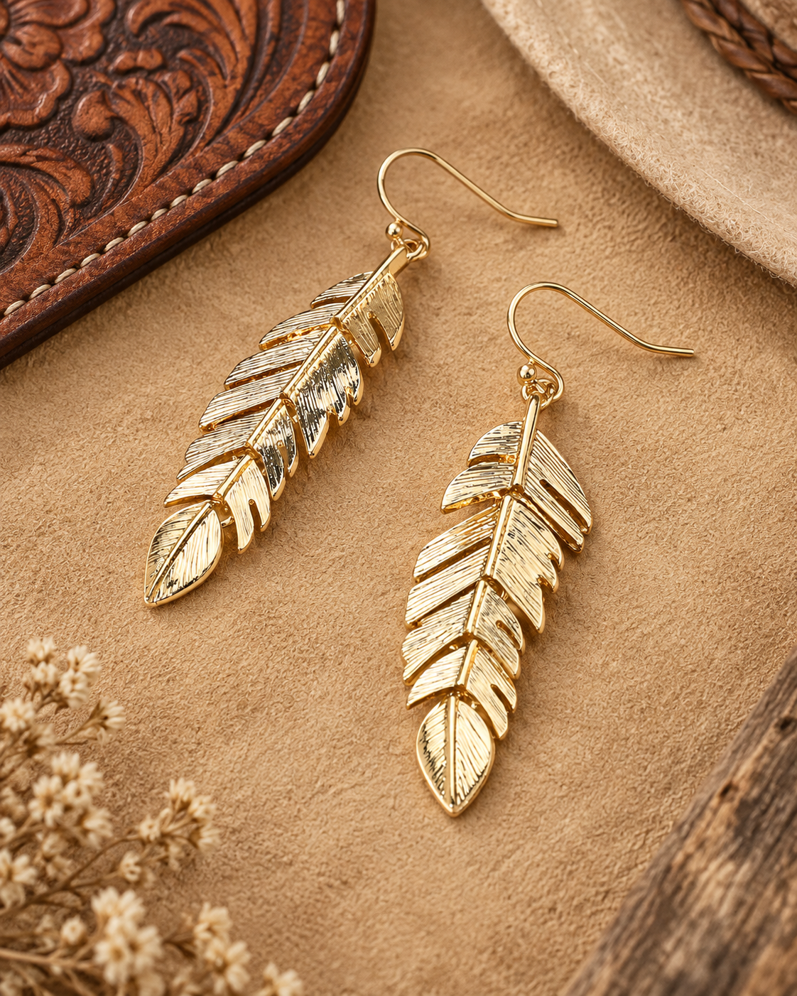 Gold feather drop earrings displayed on a warm Western-inspired leather and suede background