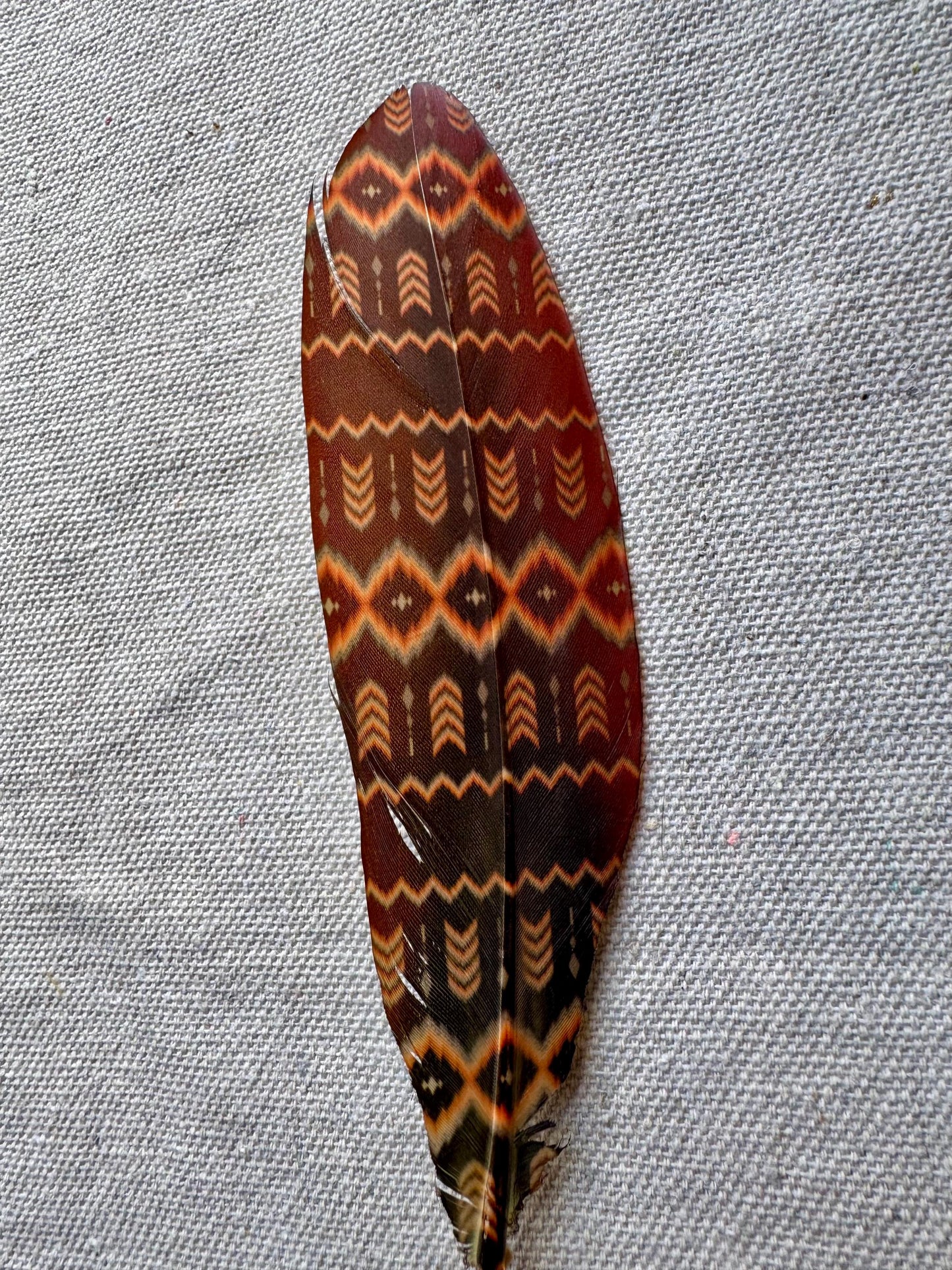 A single decorative feather with a geometric pattern in brown, orange, and black, laid flat on a textured gray fabric background.