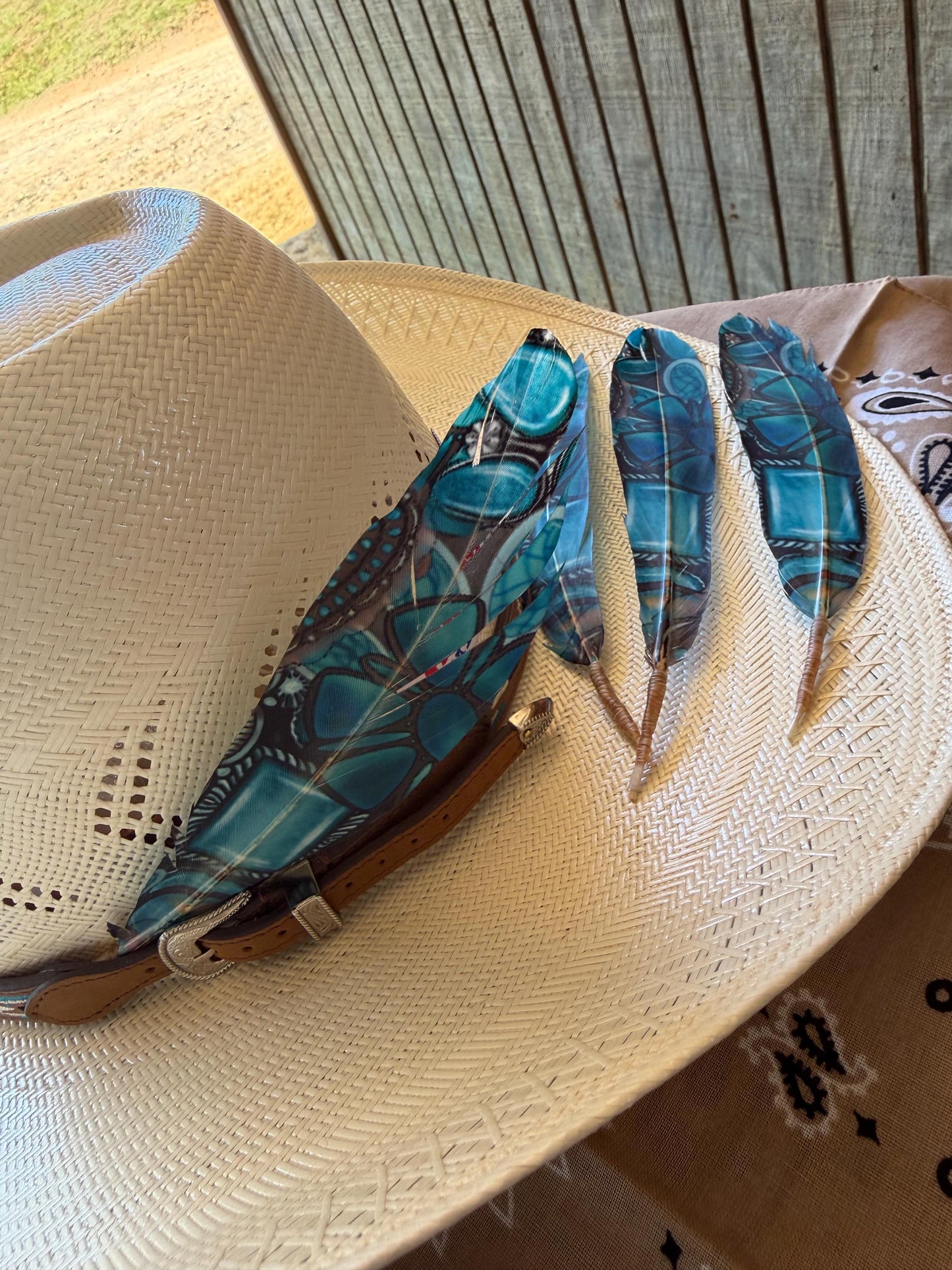 Handcrafted Turquoise Dream hat feather accessory for Western hat bands