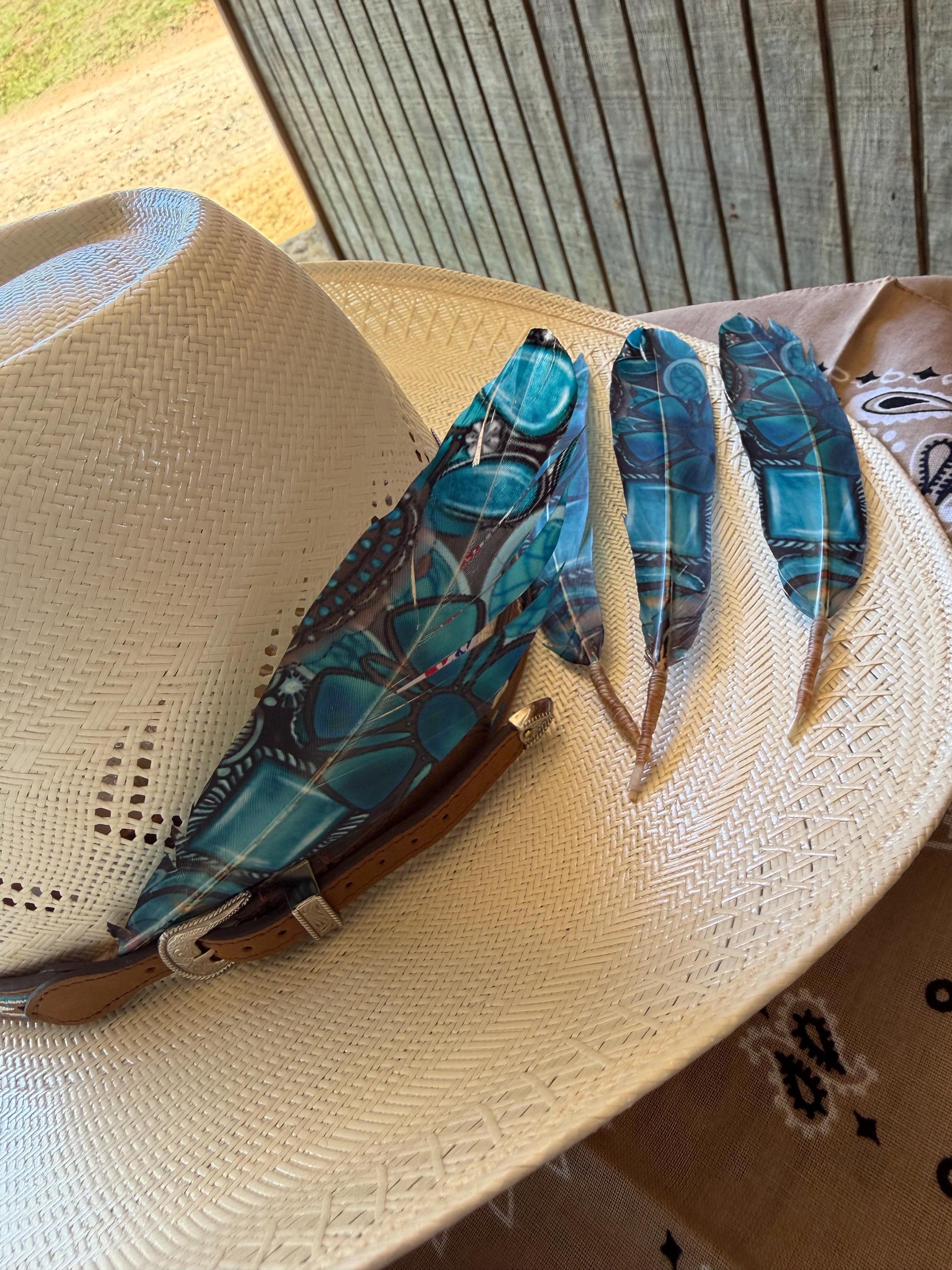 Handcrafted Turquoise Dream hat feather accessory for Western hat bands