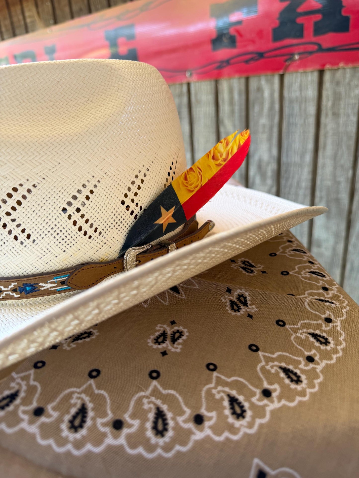 Texas Flag & Yellow Rose Western Hat Feather