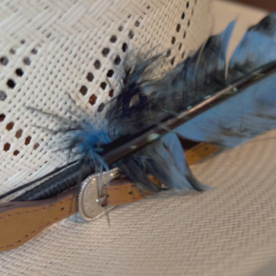 Blue and black marbled Western hat feather by Buckaroo Supply Co.