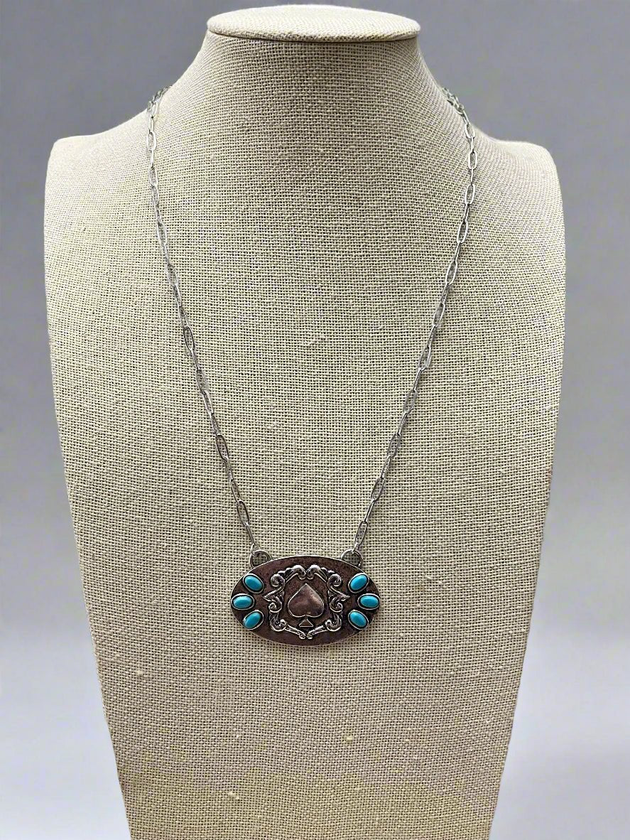 Western Spade Pendant Necklace with Faux Turquoise — 18 Inch Silver-Tone Statement