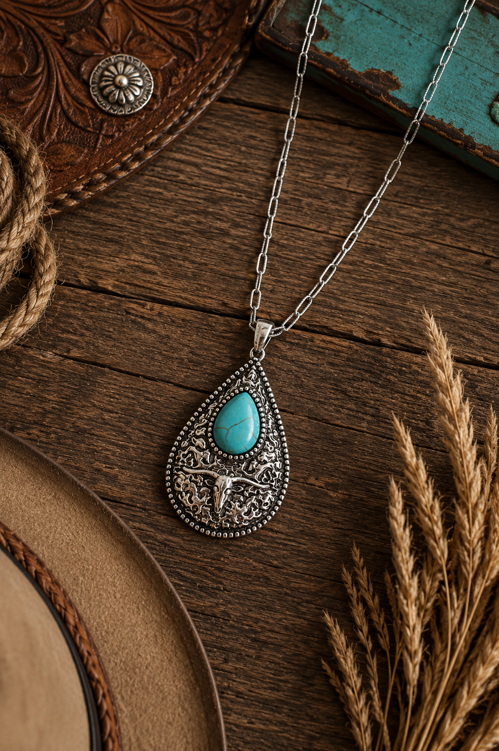 Turquoise Teardrop Western Longhorn Pendant Necklace