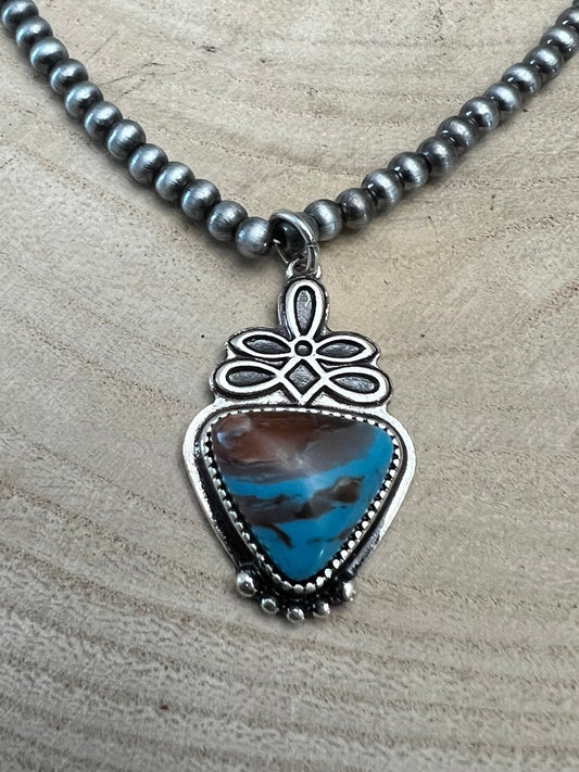 Western Boot Stitch Pendant Pearl Necklace with Faux Turquoise — 18 Inch