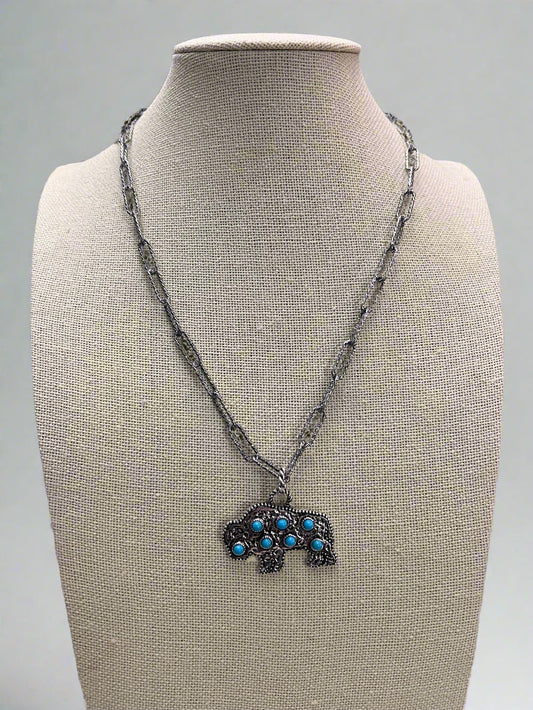 Western Buffalo Pendant Necklace with Faux Turquoise