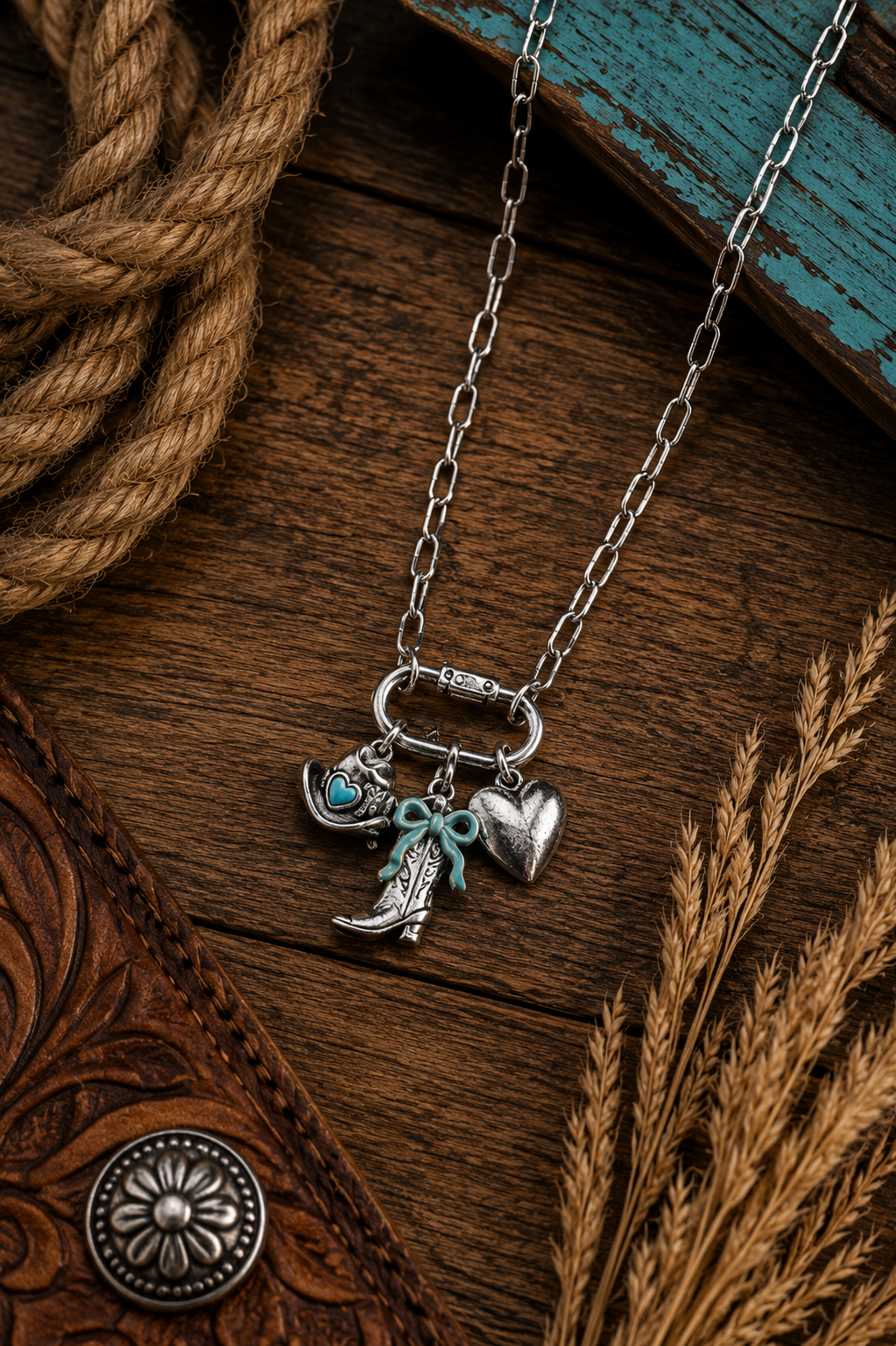 Western Cowgirl Charm Necklace – Boot, Hat & Heart