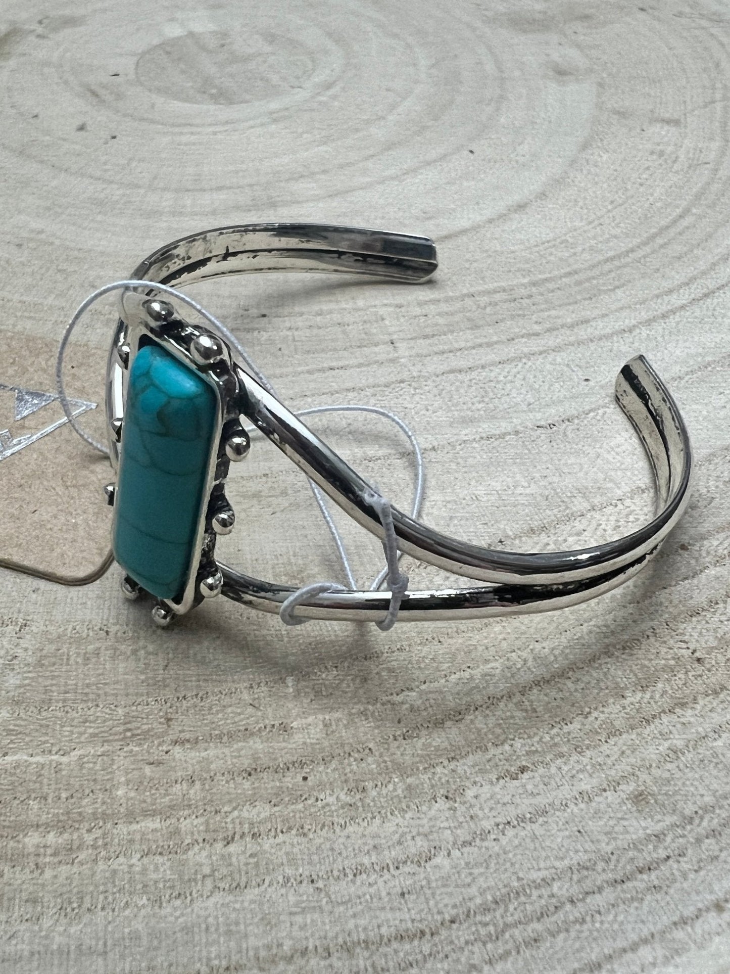 Western Silver Cuff Bracelet — 1-inch Faux Turquoise Rectangle Stone