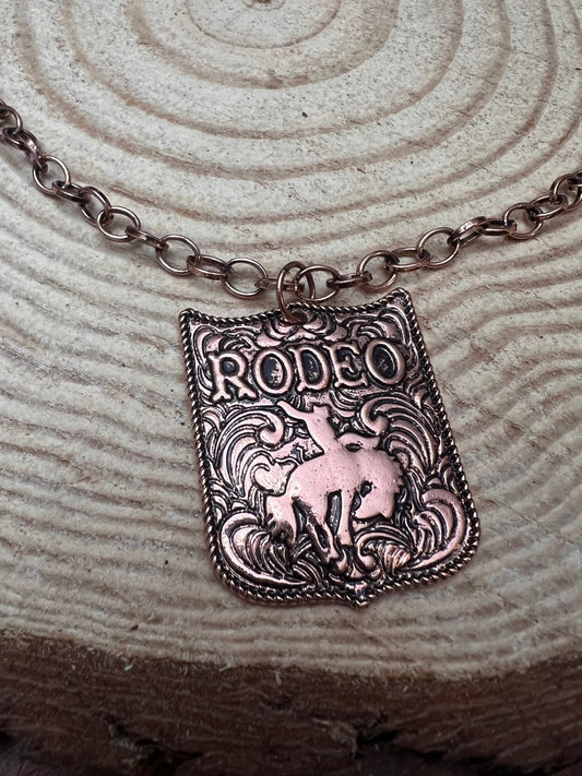 Western Rustic Brass Rodeo Pendant Necklace — 22 Inch Cowgirl Statement
