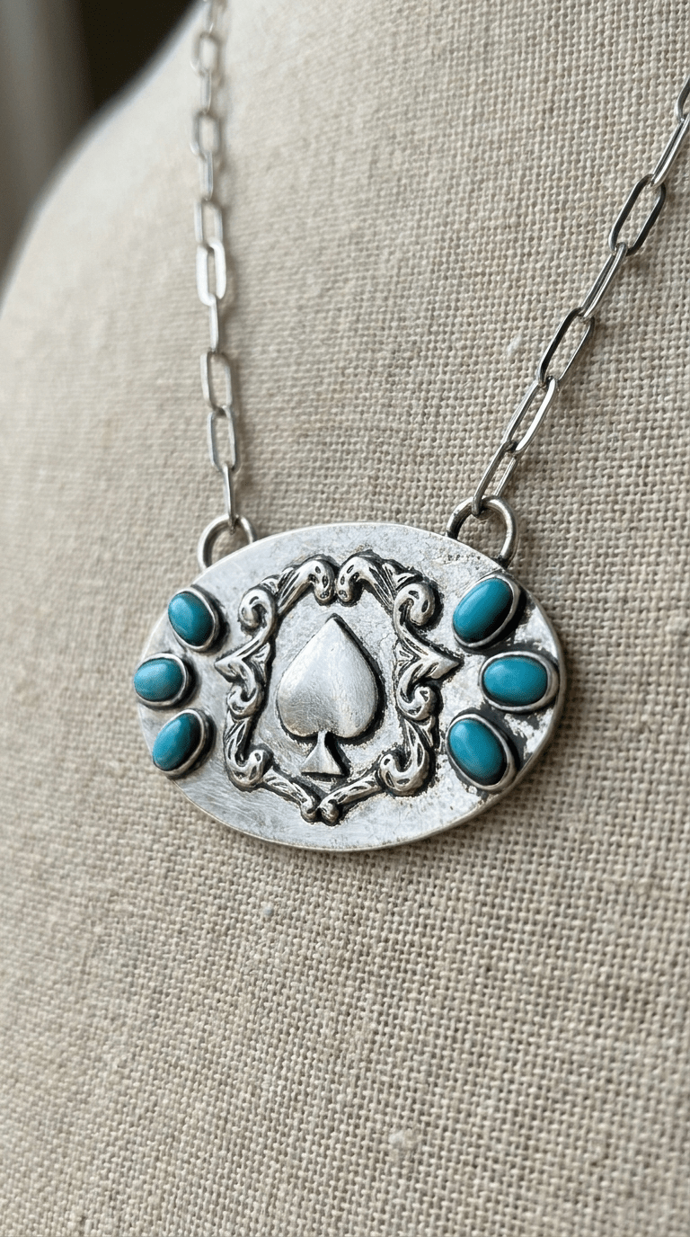 Western Spade Pendant Necklace with Faux Turquoise — 18 Inch Silver-Tone Statement